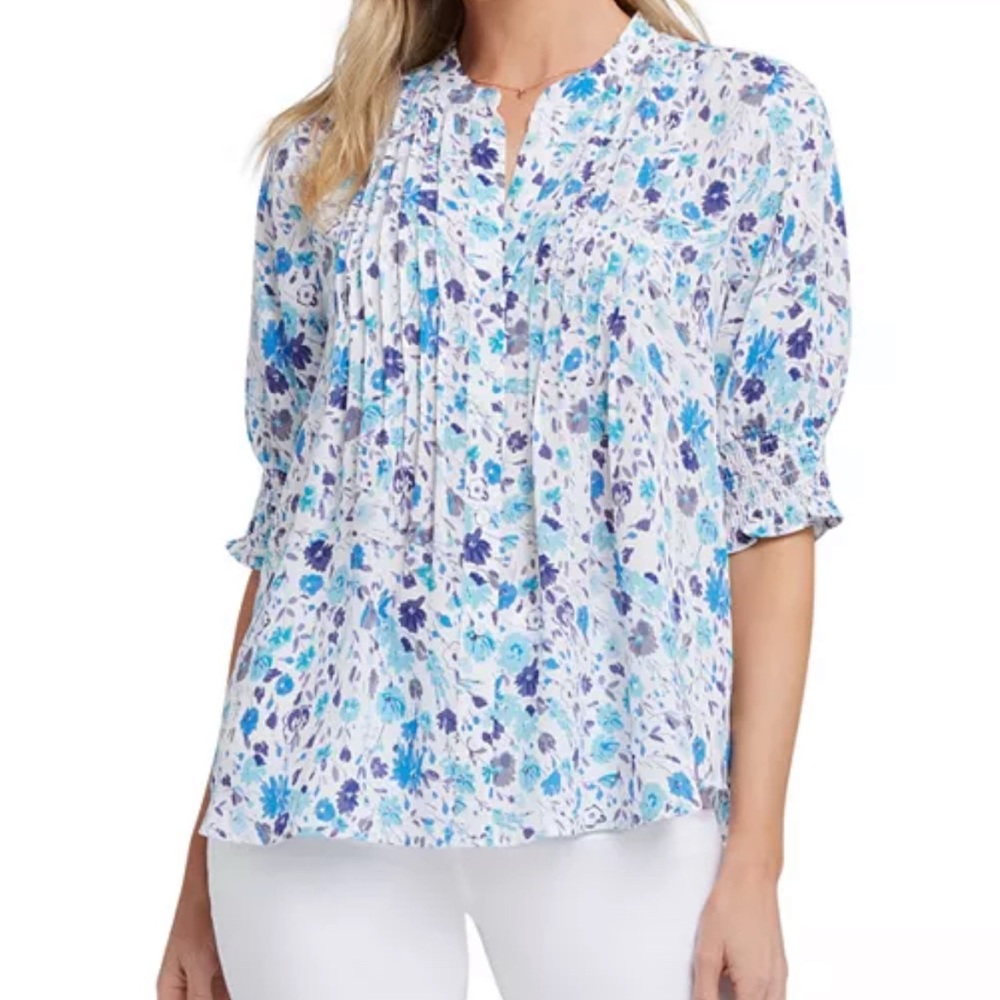 NYDJ Floral Print Pleated Peasant Top NWT